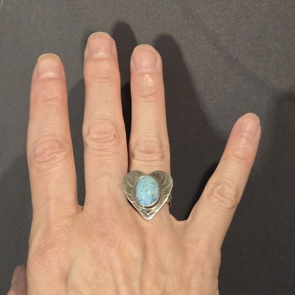 Silver Natural Turquoise Stone Heart Ring, Vintage Handmade Mexico 925 Sterling